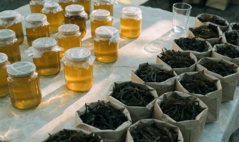An unbranded market stall table of glass jars of golden gel and paper bags of dried seaweed under soft daylight, illustrating sea moss near me within 5 mi.