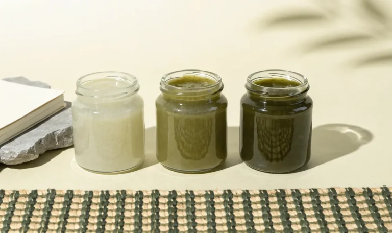 An unbranded flat lay comparing three plain glass jars of sea moss gel of different shades on a pale cream surface with a notebook, illustrating sea moss organics.