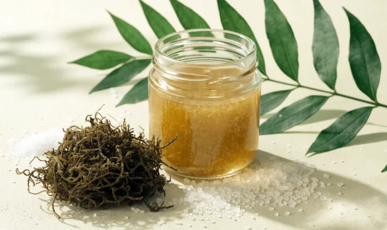 A still life of a glass jar of golden sea moss gel, a small pile of dried wildcrafted sea moss and fresh green leaves on a pale cream surface, illustrating sea moss para que sirve.