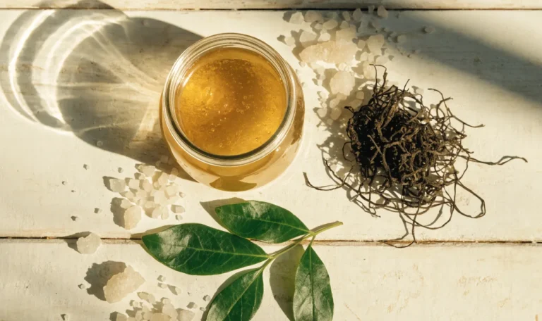A still life of a glass jar of golden sea moss gel, a small pile of dried wildcrafted sea moss and fresh green leaves on a pale cream surface, illustrating sea moss paradise.