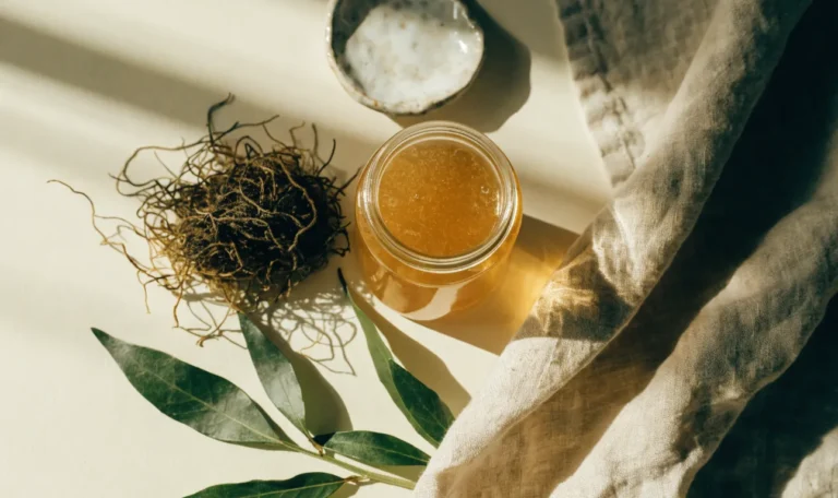A still life of a glass jar of golden sea moss gel, a small pile of dried wildcrafted sea moss and fresh green leaves on a pale cream surface, illustrating sea moss plant.