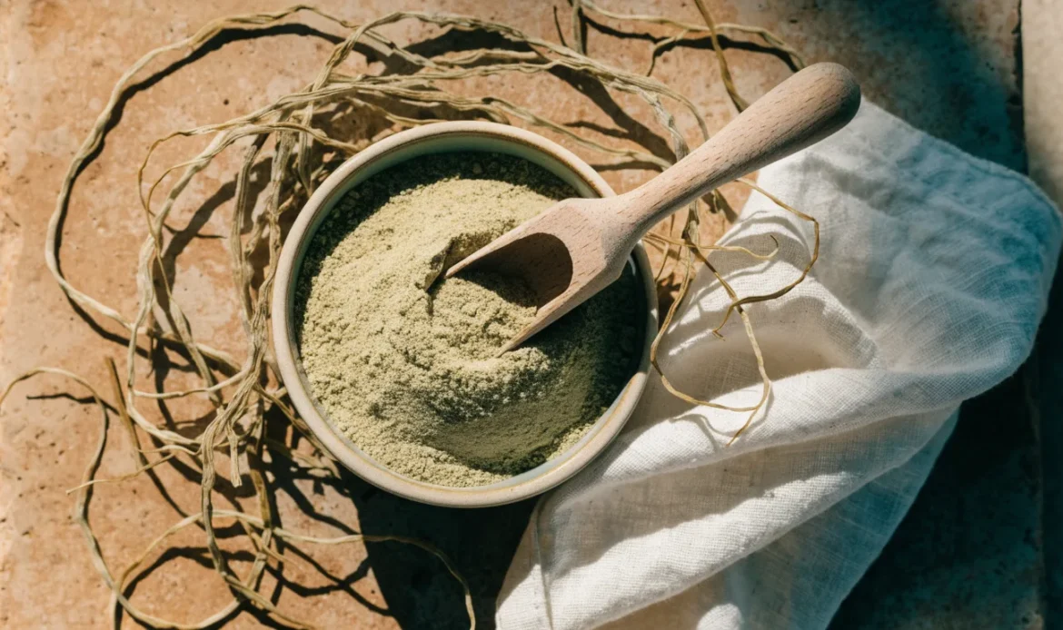 A bowl of fine pale green seaweed powder with a wooden scoop, dried sea moss strands scattered around it, illustrating sea moss powder.