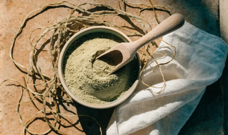 A bowl of fine pale green seaweed powder with a wooden scoop, dried sea moss strands scattered around it, illustrating sea moss powder.