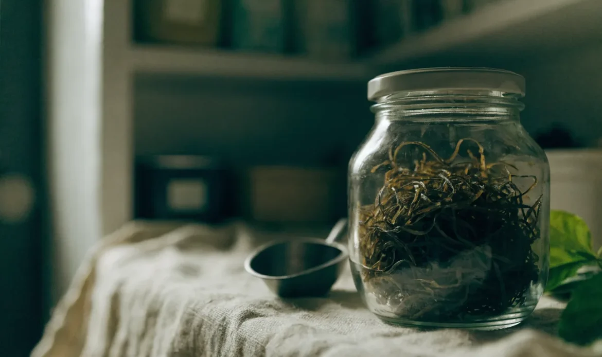 A sealed glass jar of dried seaweed strands in a cool dark pantry beside a small scoop, soft low light, illustrating sea moss powder shelf life.