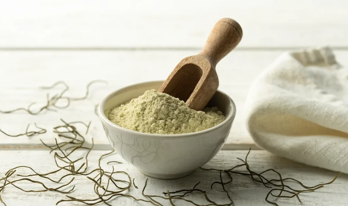A bowl of fine pale green seaweed powder with a wooden scoop, dried sea moss strands scattered around it, illustrating sea moss powder vs gel.