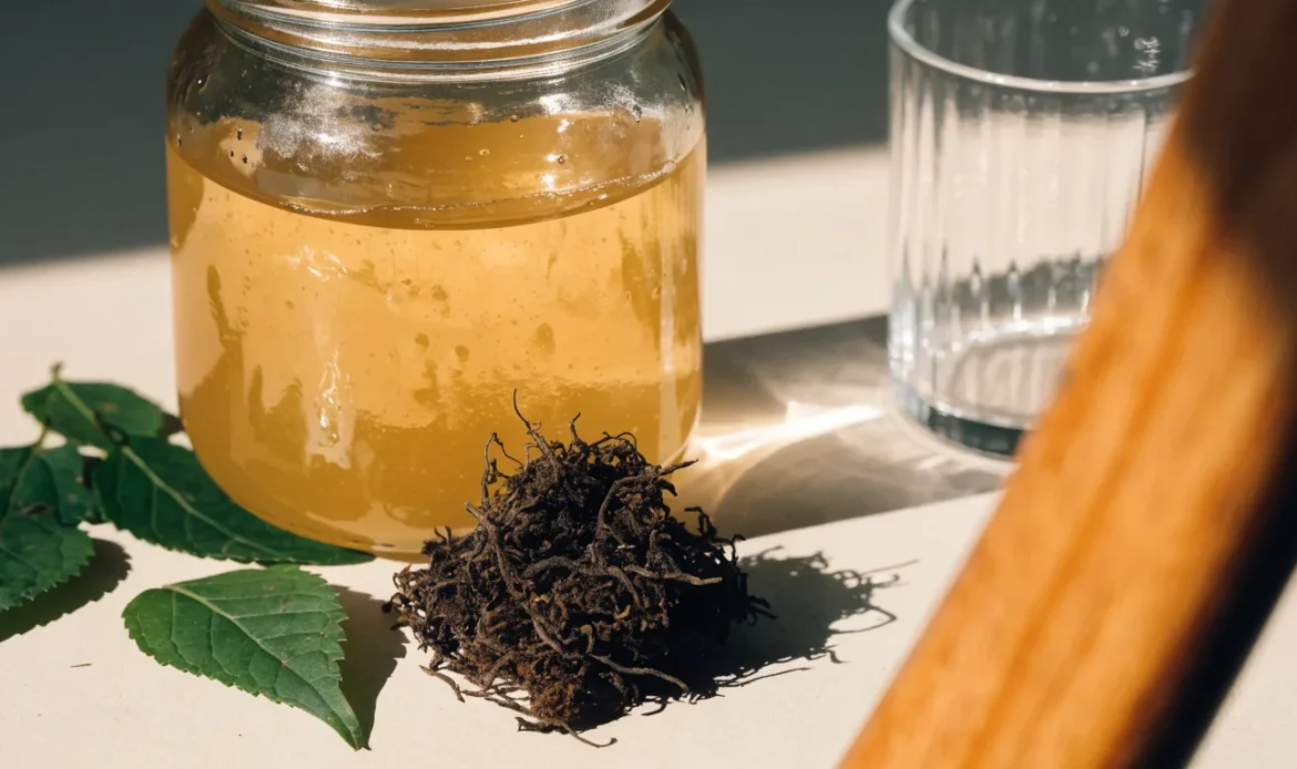 A still life of a glass jar of golden sea moss gel, a small pile of dried wildcrafted sea moss and fresh green leaves on a pale cream surface, illustrating sea moss pros and cons.