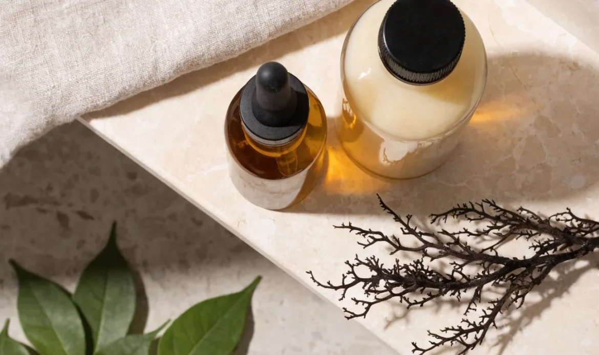 Unlabelled amber glass bottles of hair oil and cleanser on a pale stone bathroom shelf, a sprig of dried sea moss beside them, illustrating sea moss shampoo.