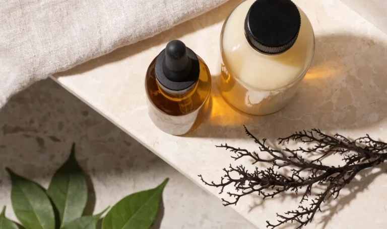 Unlabelled amber glass bottles of hair oil and cleanser on a pale stone bathroom shelf, a sprig of dried sea moss beside them, illustrating sea moss shampoo.