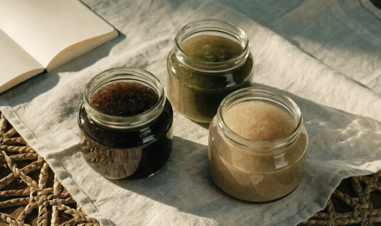An unbranded flat lay comparing three plain glass jars of sea moss gel of different shades on a pale cream surface with a notebook, illustrating sea moss shark tank.