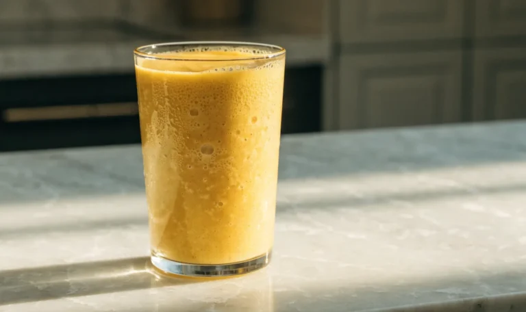 A tall glass of thick golden mango sea moss smoothie on a pale stone counter in daylight
