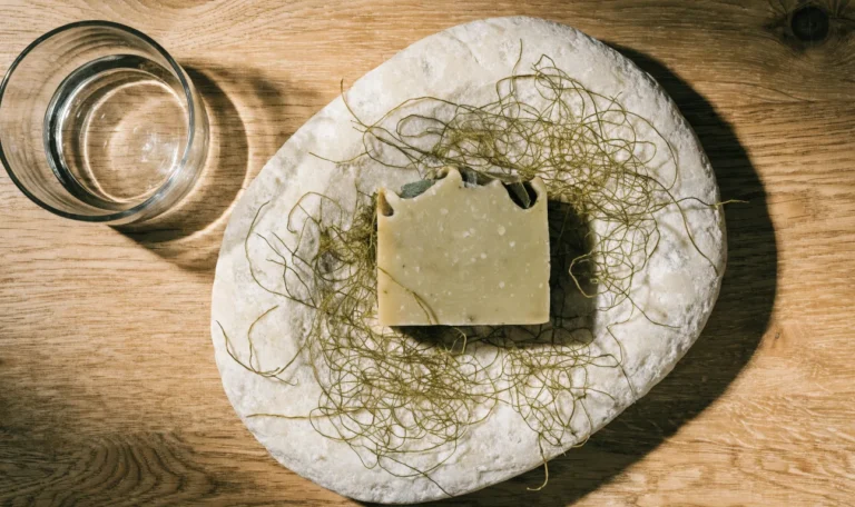 A rough-cut bar of pale green botanical soap on a stone dish with dried sea moss strands, soft bathroom light, illustrating sea moss soap.