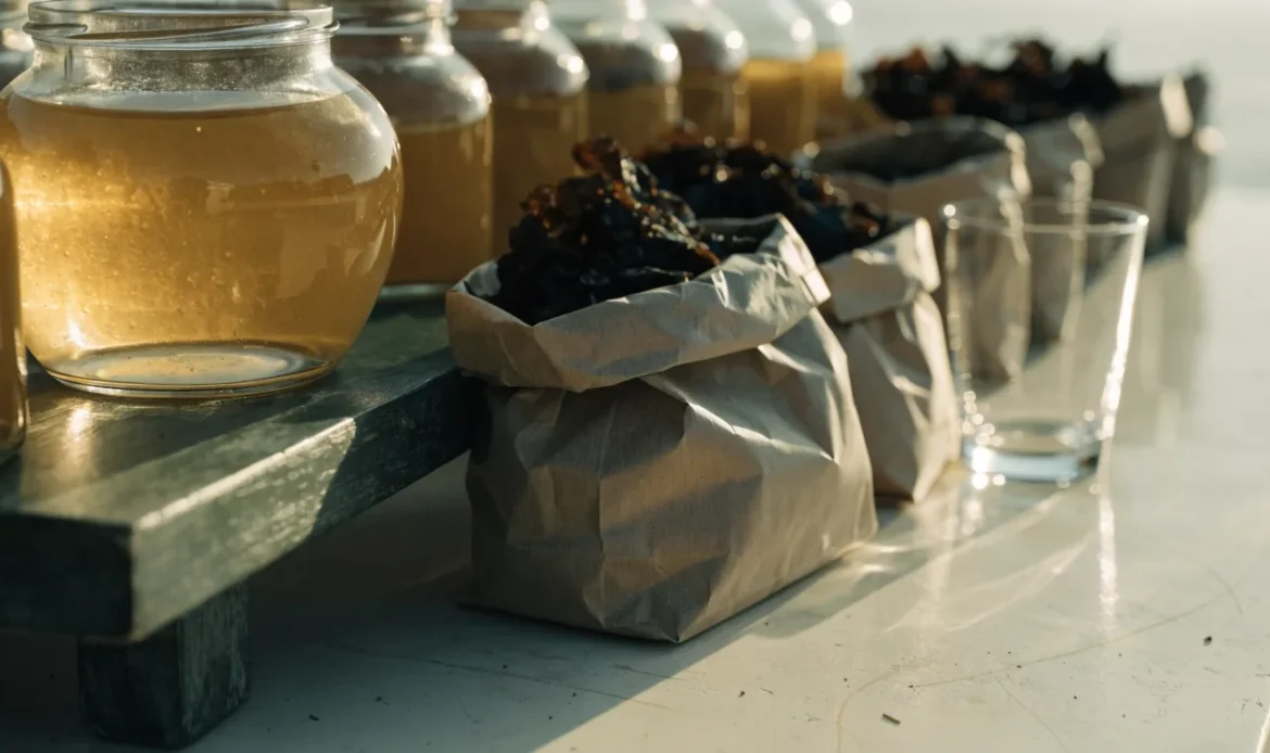 An unbranded market stall table of glass jars of golden gel and paper bags of dried seaweed under soft daylight, illustrating sea moss sold near me.