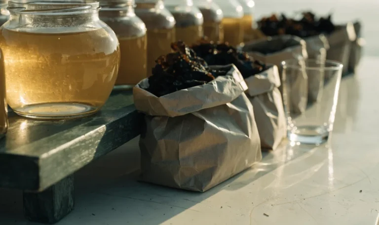 An unbranded market stall table of glass jars of golden gel and paper bags of dried seaweed under soft daylight, illustrating sea moss sold near me.