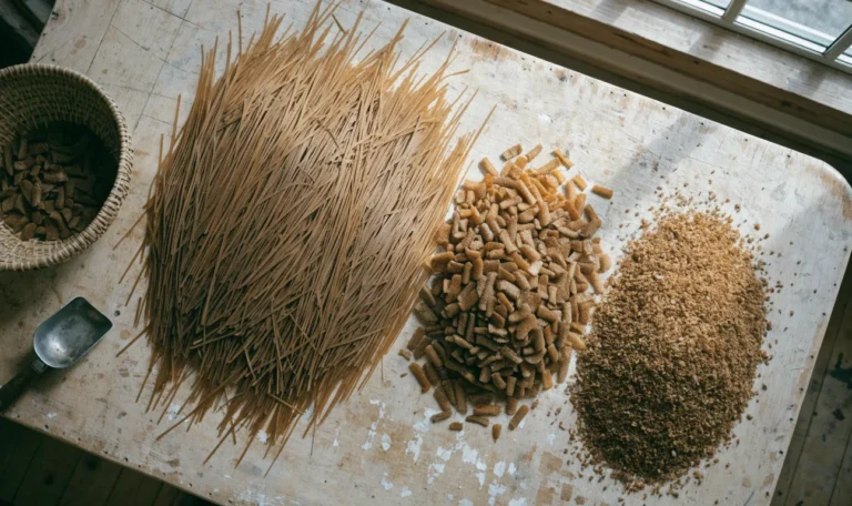 Dried sea moss being sorted by hand into graded piles on a wooden table