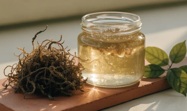 A still life of a glass jar of golden sea moss gel, a small pile of dried wildcrafted sea moss and fresh green leaves on a pale cream surface, illustrating sea moss sprouts.