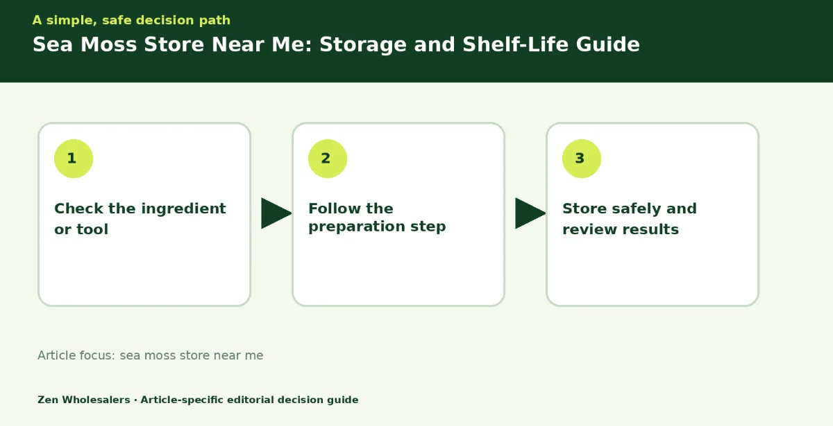Decision guide diagram summarising sea moss store near me in three steps for Zenwholesalers readers
