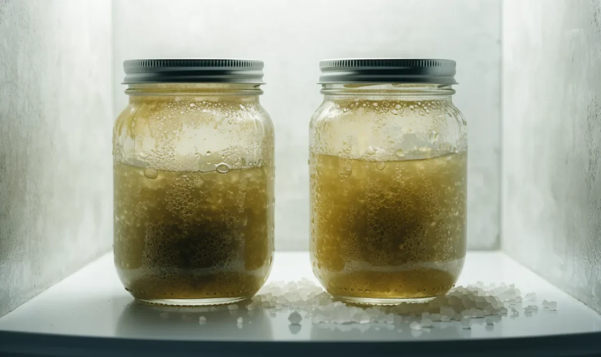 Two sealed glass mason jars of golden sea moss gel on a cool white refrigerator shelf, condensation on the glass, illustrating sea moss store near me.