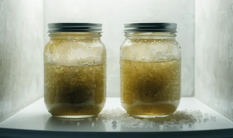 Two sealed glass mason jars of golden sea moss gel on a cool white refrigerator shelf, condensation on the glass, illustrating sea moss store near me.