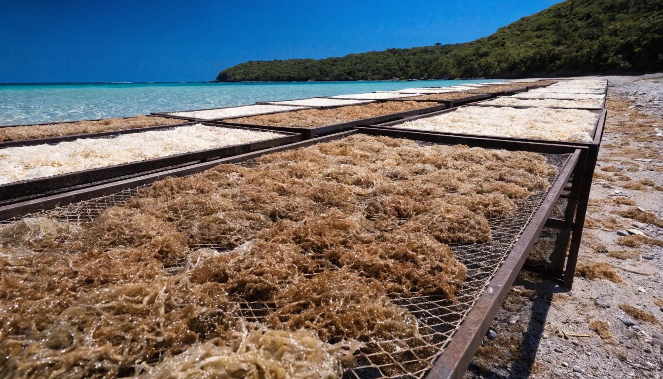 Rows of raised mesh racks of wildcrafted sea moss sun-drying beside a turquoise Saint Lucia bay