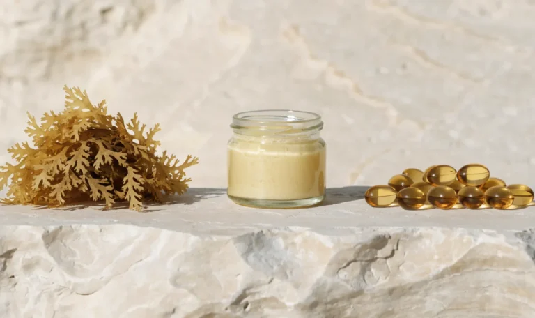 Dried sea moss, a jar of gel and loose capsules arranged together on pale stone