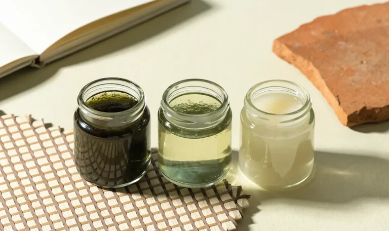 An unbranded flat lay comparing three plain glass jars of sea moss gel of different shades on a pale cream surface with a notebook, illustrating sea moss target.