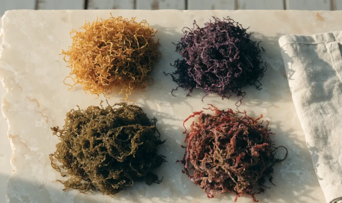An overhead arrangement of four small piles of dried sea moss in gold, purple, green and reddish shades on a cream stone surface, illustrating sea moss texture.