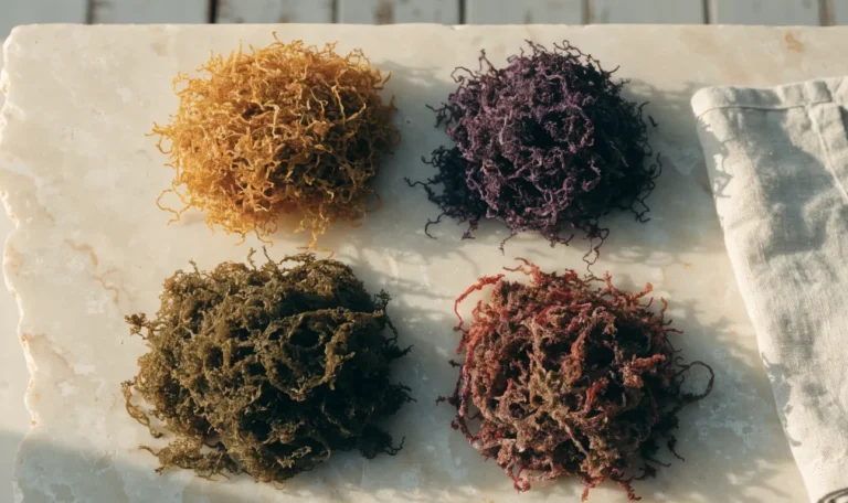 An overhead arrangement of four small piles of dried sea moss in gold, purple, green and reddish shades on a cream stone surface, illustrating sea moss texture.