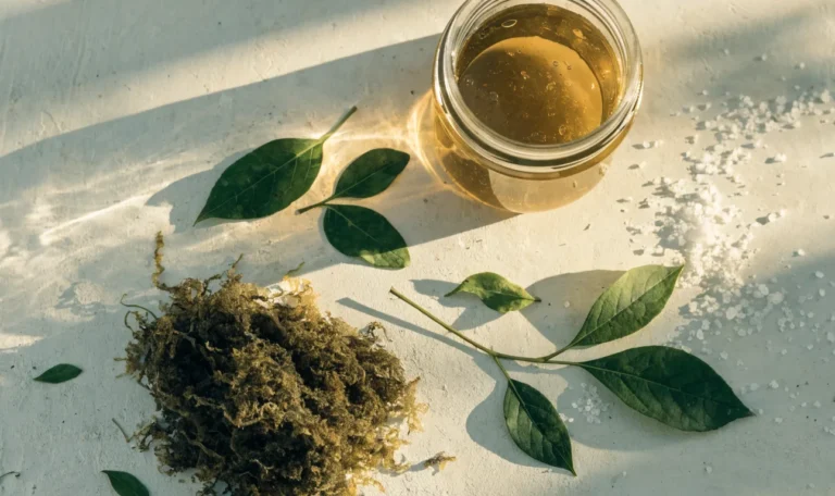 A still life of a glass jar of golden sea moss gel, a small pile of dried wildcrafted sea moss and fresh green leaves on a pale cream surface, illustrating sea moss to eat.