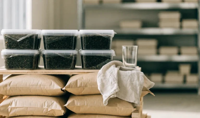 Stacked kraft sacks and sealed food-grade tubs of dried seaweed on a clean warehouse pallet, soft industrial daylight, illustrating sea moss vendors.