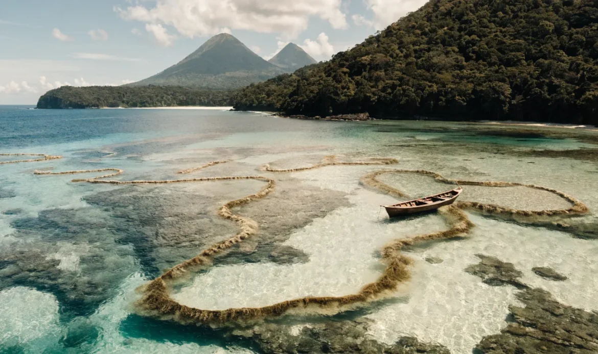 Turquoise Caribbean shallows with floating rope lines of wild sea moss, a small wooden boat, twin volcanic peaks and rainforest on the horizon, illustrating irish moss vs sea moss benefits.