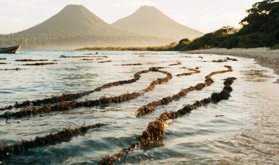 Turquoise Caribbean shallows with floating rope lines of wild sea moss, a small wooden boat, twin volcanic peaks and rainforest on the horizon, illustrating sea moss vs irish moss.