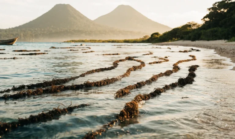 Turquoise Caribbean shallows with floating rope lines of wild sea moss, a small wooden boat, twin volcanic peaks and rainforest on the horizon, illustrating sea moss vs irish moss.