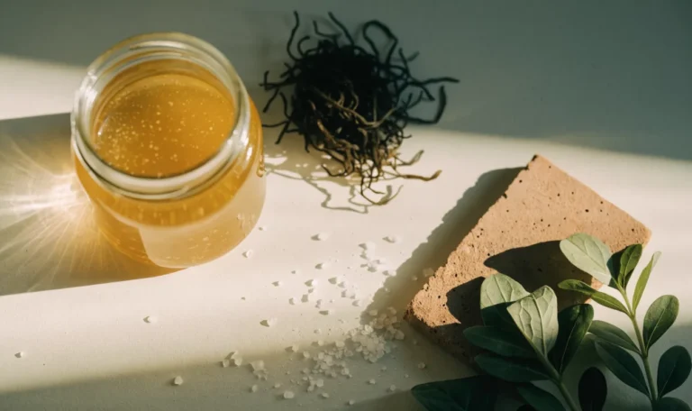 A still life of a glass jar of golden sea moss gel, a small pile of dried wildcrafted sea moss and fresh green leaves on a pale cream surface, illustrating sea moss vs seaweed.
