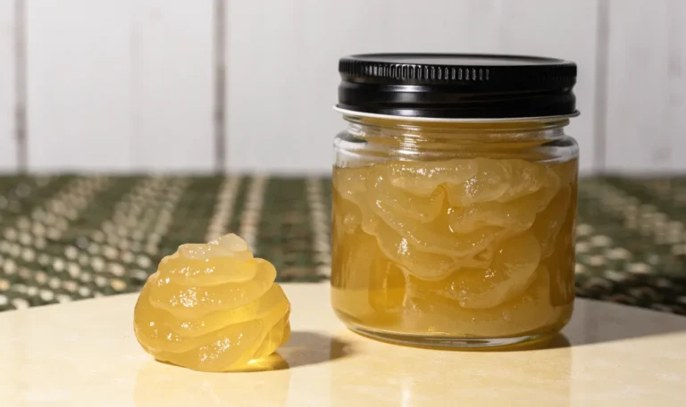 A small measured spoonful of golden sea moss gel beside a closed glass jar on a pale cream surface, restrained clinical styling, illustrating sea moss warnings.