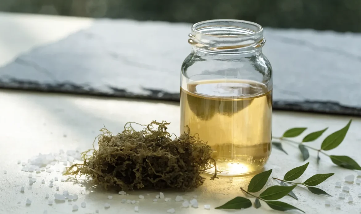 A still life of a glass jar of golden sea moss gel, a small pile of dried wildcrafted sea moss and fresh green leaves on a pale cream surface, illustrating sea moss website.