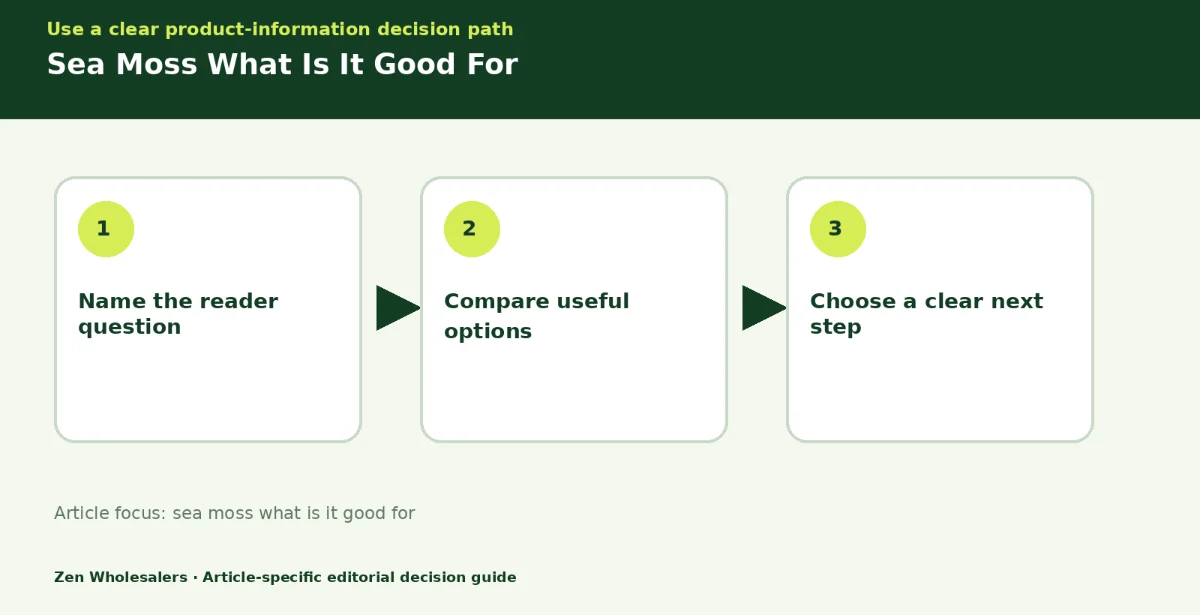 Decision guide diagram summarising sea moss what is it good for in three steps for Zenwholesalers readers