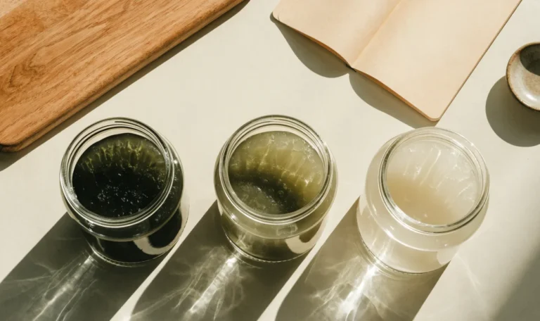 An unbranded flat lay comparing three plain glass jars of sea moss gel of different shades on a pale cream surface with a notebook, illustrating sea moss whole foods.