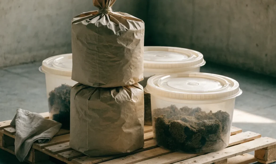 Stacked kraft sacks and sealed food-grade tubs of dried seaweed on a clean warehouse pallet, soft industrial daylight, illustrating sea moss wholesale.