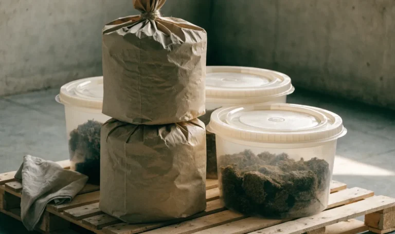 Stacked kraft sacks and sealed food-grade tubs of dried seaweed on a clean warehouse pallet, soft industrial daylight, illustrating sea moss wholesale.