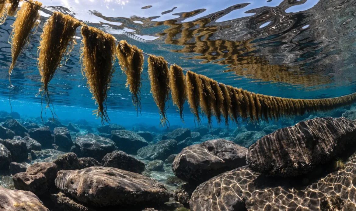 Sea moss growing on a line in clear open water above a rocky Caribbean seabed