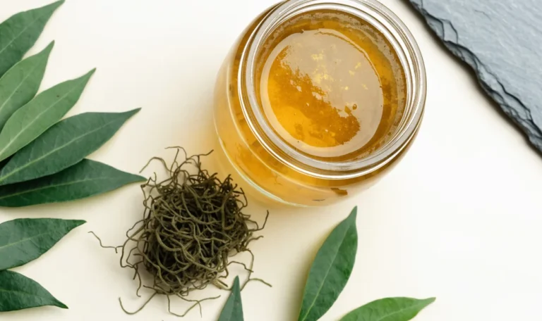 A still life of a glass jar of golden sea moss gel, a small pile of dried wildcrafted sea moss and fresh green leaves on a pale cream surface, illustrating sea moss with spirulina.