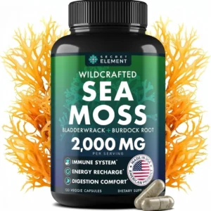 Secret Element sea moss capsules container photographed against a plain background