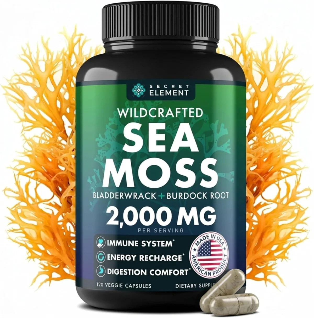 Secret Element sea moss capsules container photographed against a plain background