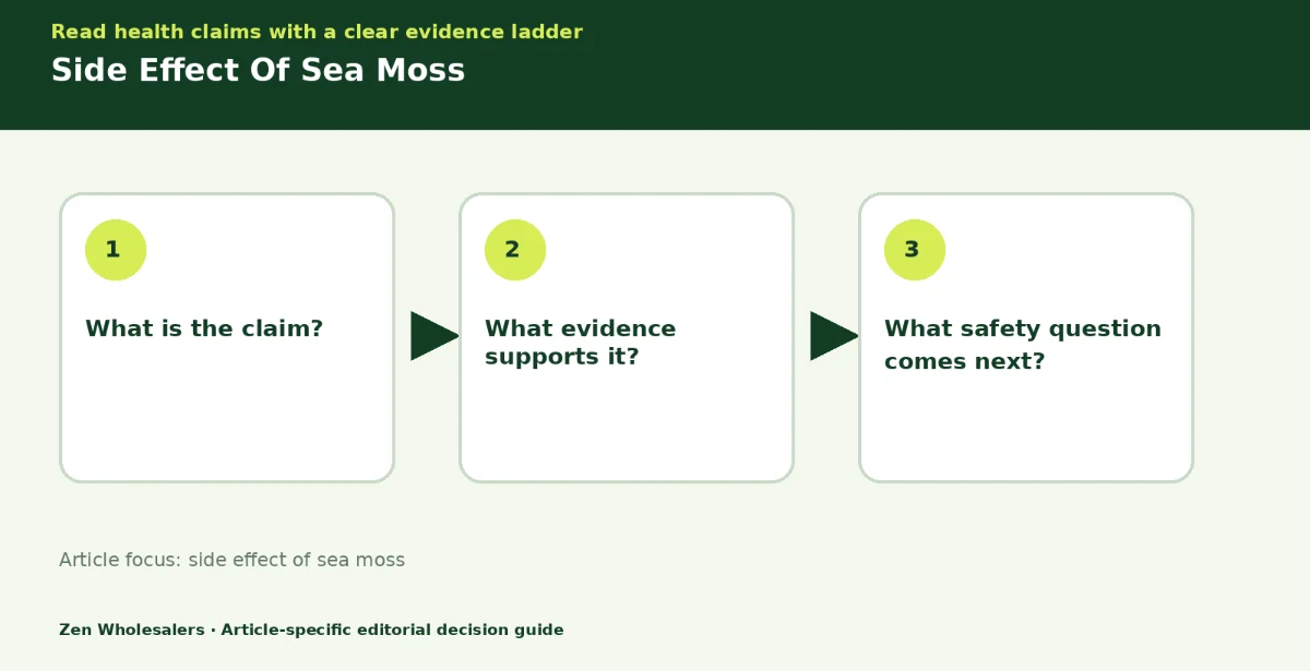 Decision guide diagram summarising side effect of sea moss in three steps for Zenwholesalers readers