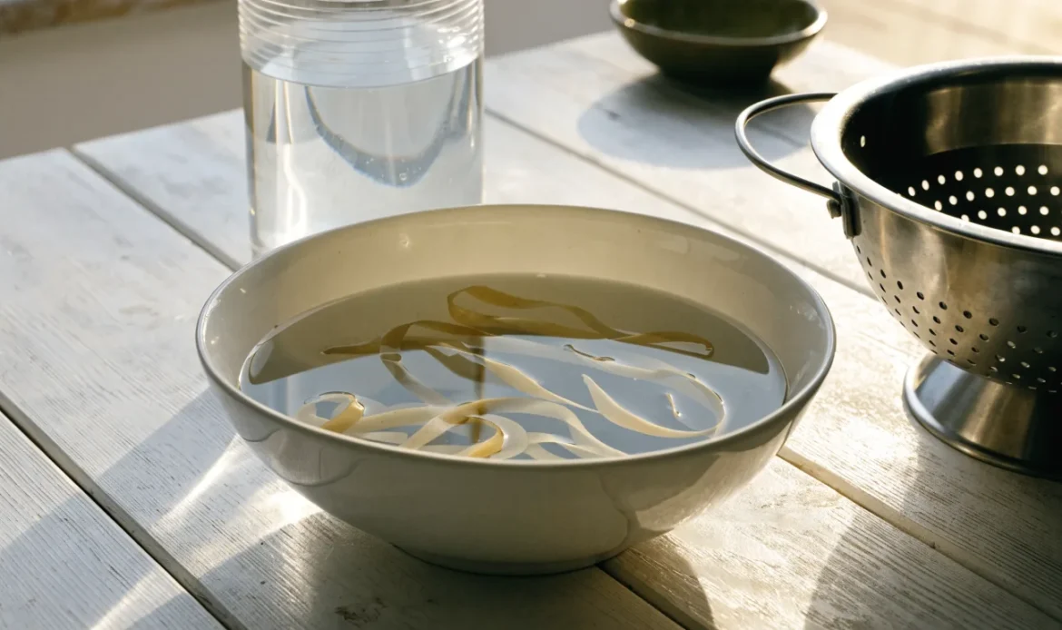 A wide bowl of water with rehydrating pale seaweed strands beside a colander and a jug of clean water on a bright counter, illustrating soaked sea moss.