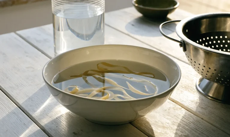 A wide bowl of water with rehydrating pale seaweed strands beside a colander and a jug of clean water on a bright counter, illustrating soaked sea moss.