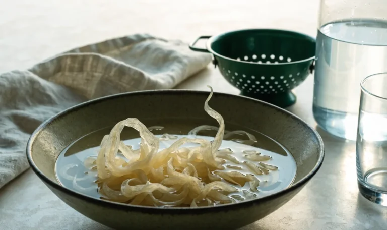 A wide bowl of water with rehydrating pale seaweed strands beside a colander and a jug of clean water on a bright counter, illustrating soaking sea moss.