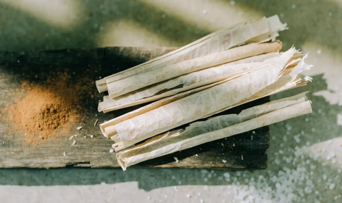 A loose bundle of pale, fragile, many-layered Ceylon cinnamon quills on a rustic wooden board with a small heap of ground cinnamon, illustrating spice islands cinnamon.