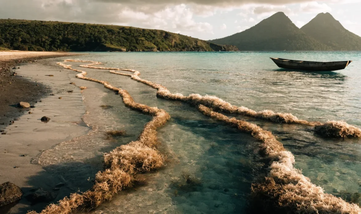 Turquoise Caribbean shallows with floating rope lines of wild sea moss, a small wooden boat, twin volcanic peaks and rainforest on the horizon, illustrating st lucia sea moss.