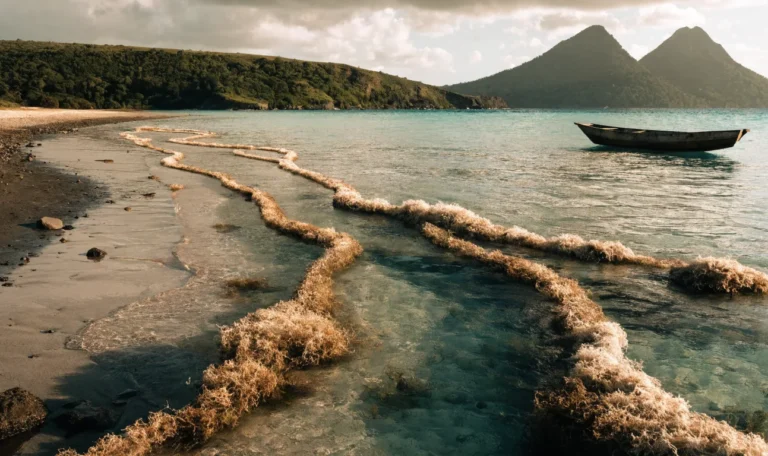 Turquoise Caribbean shallows with floating rope lines of wild sea moss, a small wooden boat, twin volcanic peaks and rainforest on the horizon, illustrating st lucia sea moss.